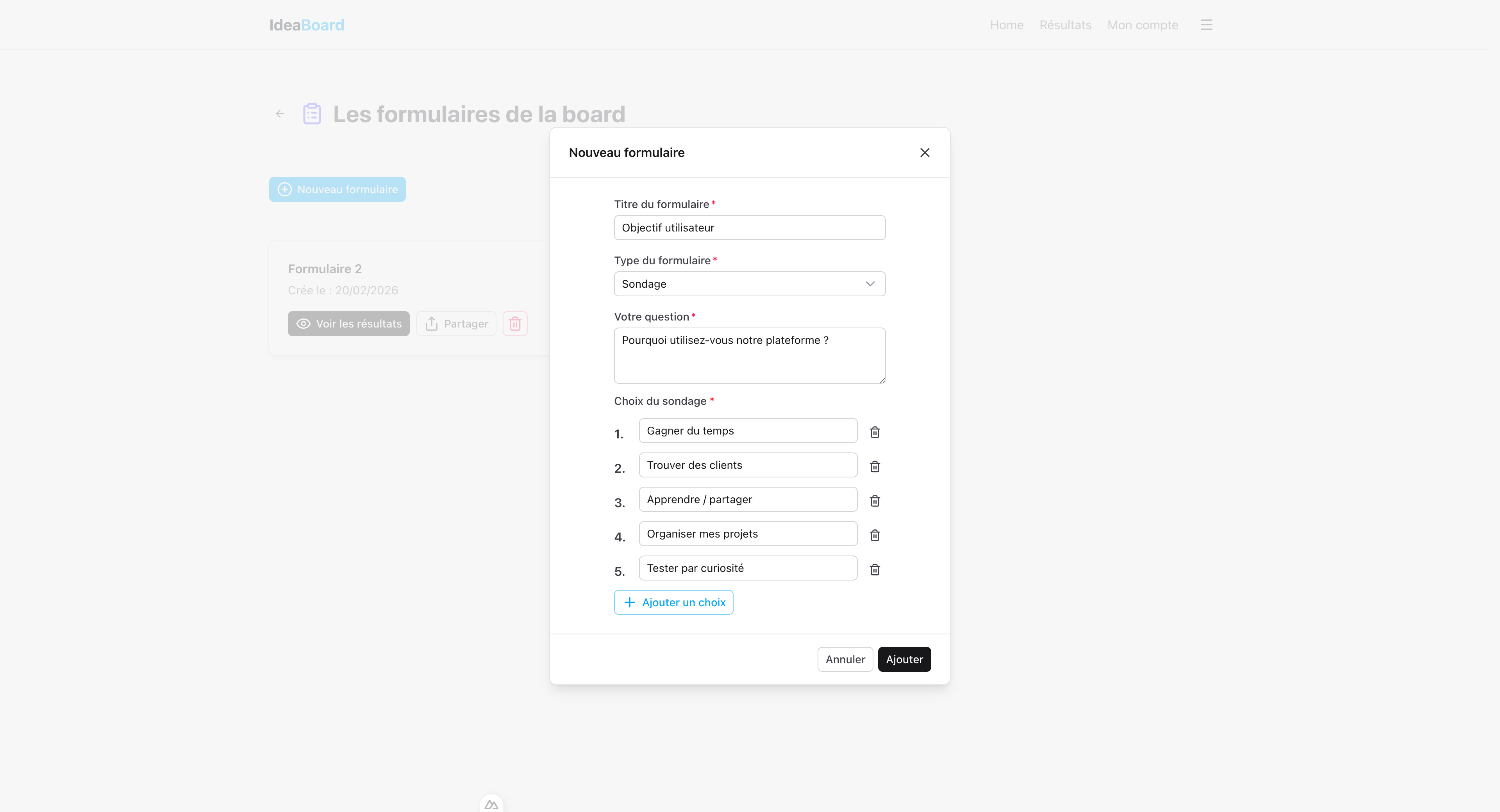 Création de formulaire IdeaBoard
